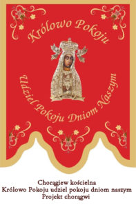 chorągiew kościelna z haftowaną postacią Królowa Pokoju