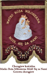chorągiew kościelna z haftowaną postacią Matka Boża Miłosierna