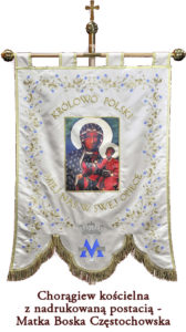 chorągiew kościelna z haftowaną postacią Matka Boska Częstochowska