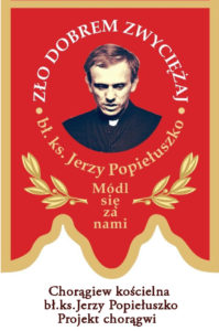chorągiew kościelna z haftowaną postacią bł. ks. Jerzy Popiełuszko